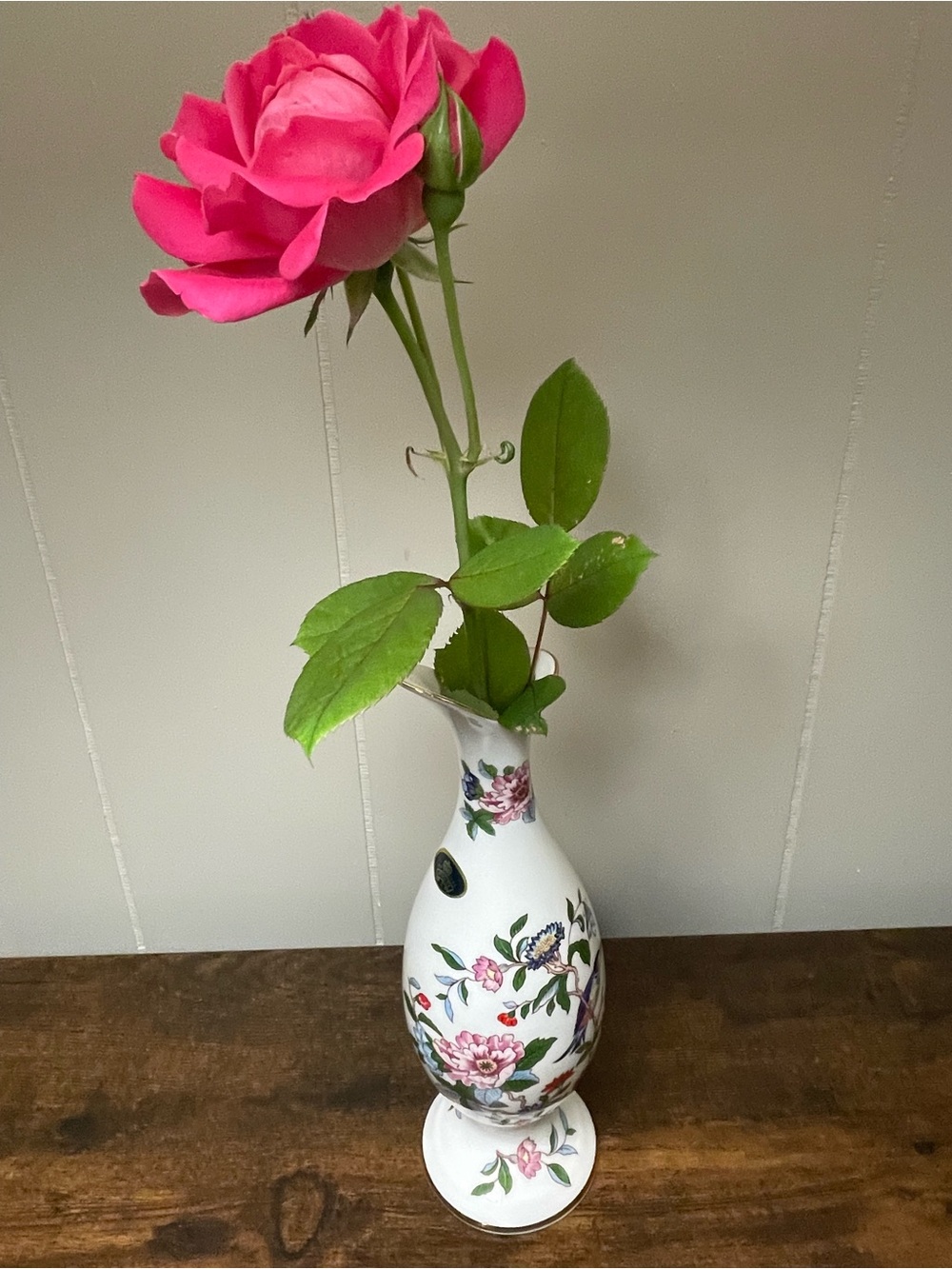 Aynsley Pembroke Bird & Florals Vase  in Pink and White - 9 inches
